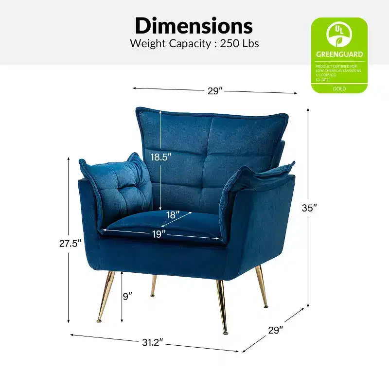 Set of 2 Jonat Contemporary Velvet Wooden Upholstered Armchair with Metal Legs for Bedroom and Living Room| ART OF LIVING DESIGNS