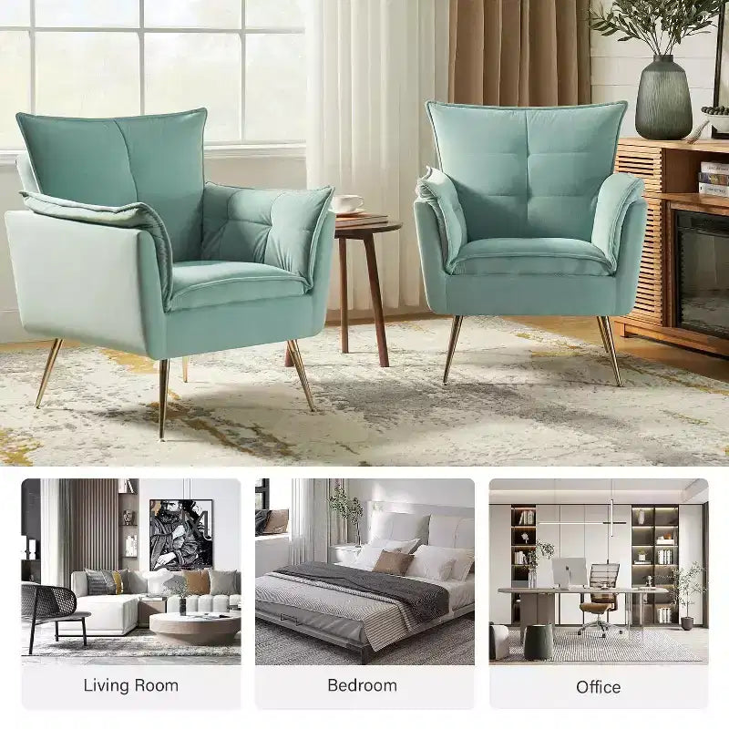 Set of 2 Jonat Contemporary Velvet Wooden Upholstered Armchair with Metal Legs for Bedroom and Living Room| ART OF LIVING DESIGNS