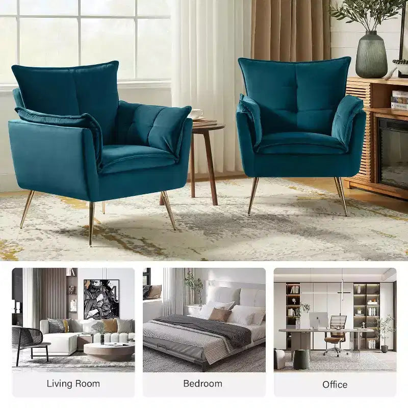 Set of 2 Jonat Contemporary Velvet Wooden Upholstered Armchair with Metal Legs for Bedroom and Living Room| ART OF LIVING DESIGNS