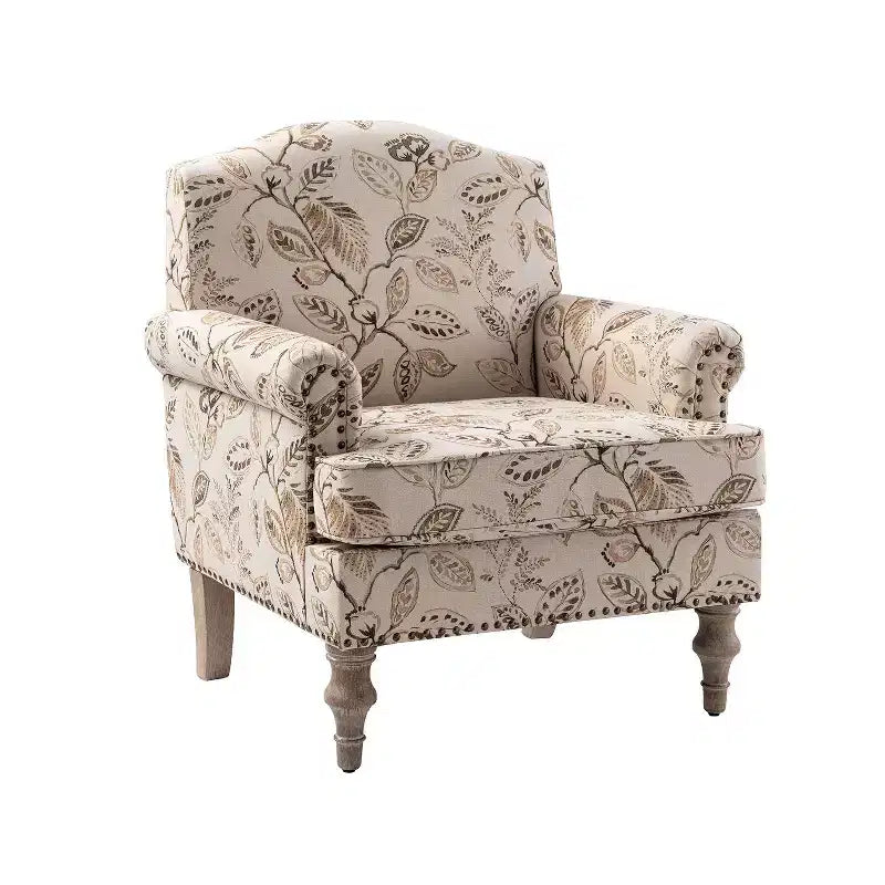 Yahweh Fauteuil transitoire en bois et tissu avec motif floral, accoudoirs à panneaux et dossier chameau | ART OF LIVING DESIGNS