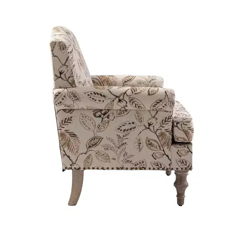 Yahweh Fauteuil transitoire en bois et tissu avec motif floral, accoudoirs à panneaux et dossier chameau | ART OF LIVING DESIGNS