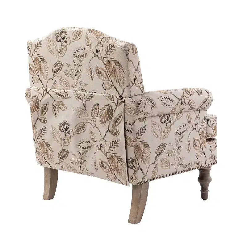 Yahweh Fauteuil transitoire en bois et tissu avec motif floral, accoudoirs à panneaux et dossier chameau | ART OF LIVING DESIGNS