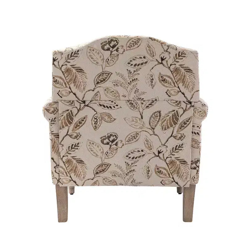 Yahweh Fauteuil transitoire en bois et tissu avec motif floral, accoudoirs à panneaux et dossier chameau | ART OF LIVING DESIGNS