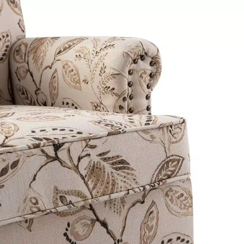 Yahweh Fauteuil transitoire en bois et tissu avec motif floral, accoudoirs à panneaux et dossier chameau | ART OF LIVING DESIGNS