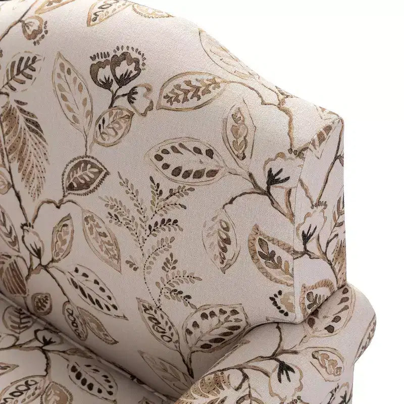 Yahweh Fauteuil transitoire en bois et tissu avec motif floral, accoudoirs à panneaux et dossier chameau | ART OF LIVING DESIGNS