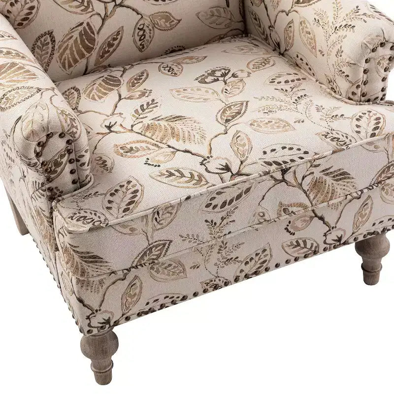 Yahweh Fauteuil transitoire en bois et tissu avec motif floral, accoudoirs à panneaux et dossier chameau | ART OF LIVING DESIGNS