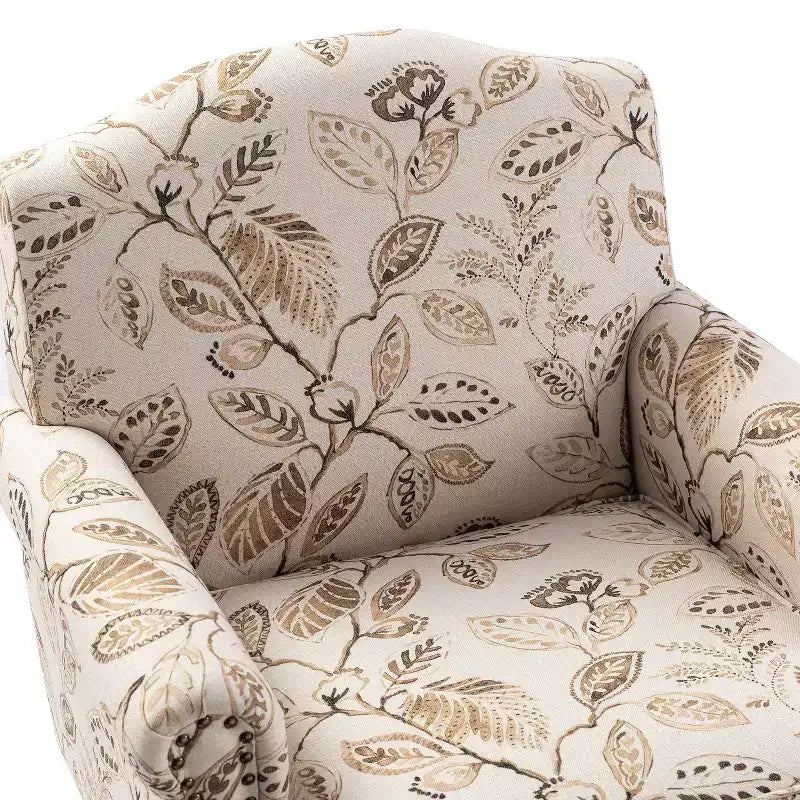 Yahweh Fauteuil transitoire en bois et tissu avec motif floral, accoudoirs à panneaux et dossier chameau | ART OF LIVING DESIGNS