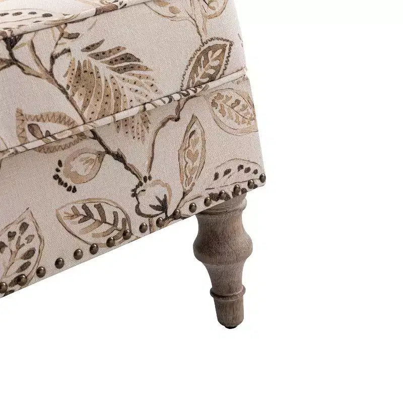 Yahweh Fauteuil transitoire en bois et tissu avec motif floral, accoudoirs à panneaux et dossier chameau | ART OF LIVING DESIGNS