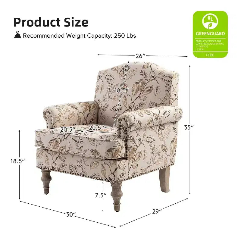 Yahweh Fauteuil transitoire en bois et tissu avec motif floral, accoudoirs à panneaux et dossier chameau | ART OF LIVING DESIGNS