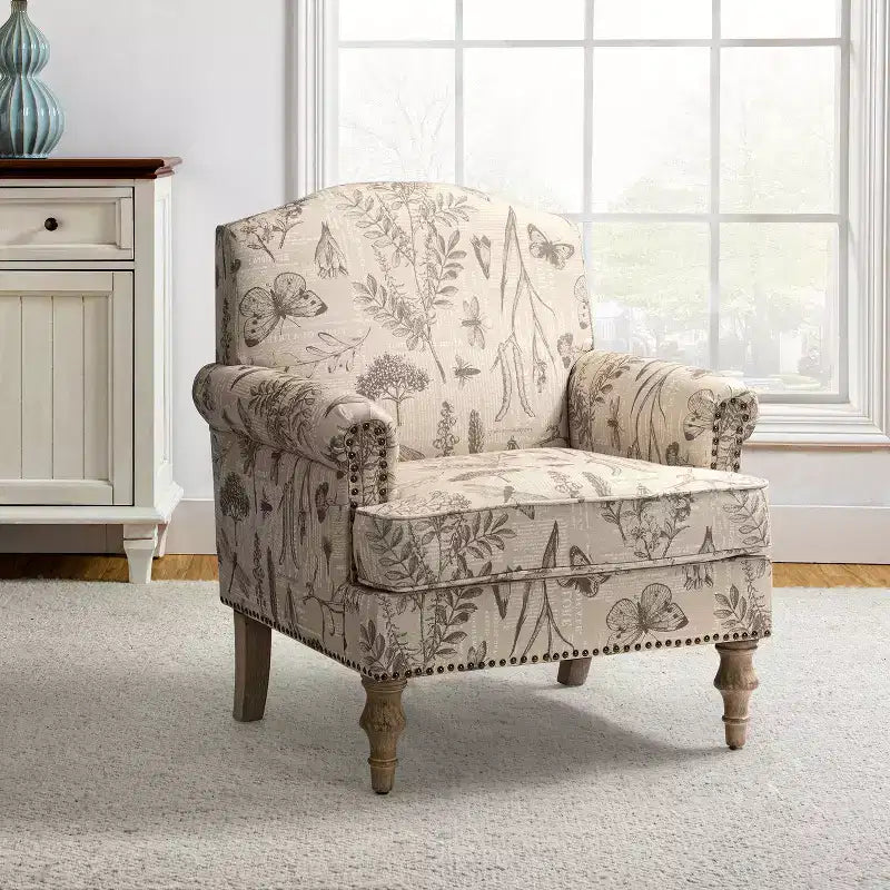 Yahweh Fauteuil transitoire en bois et tissu avec motif floral, accoudoirs à panneaux et dossier chameau | ART OF LIVING DESIGNS