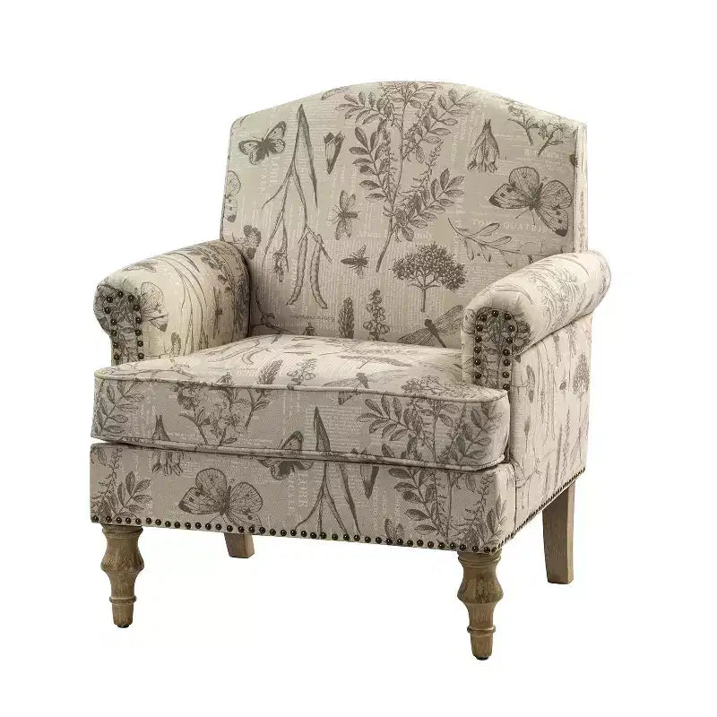 Yahweh Fauteuil transitoire en bois et tissu avec motif floral, accoudoirs à panneaux et dossier chameau | ART OF LIVING DESIGNS