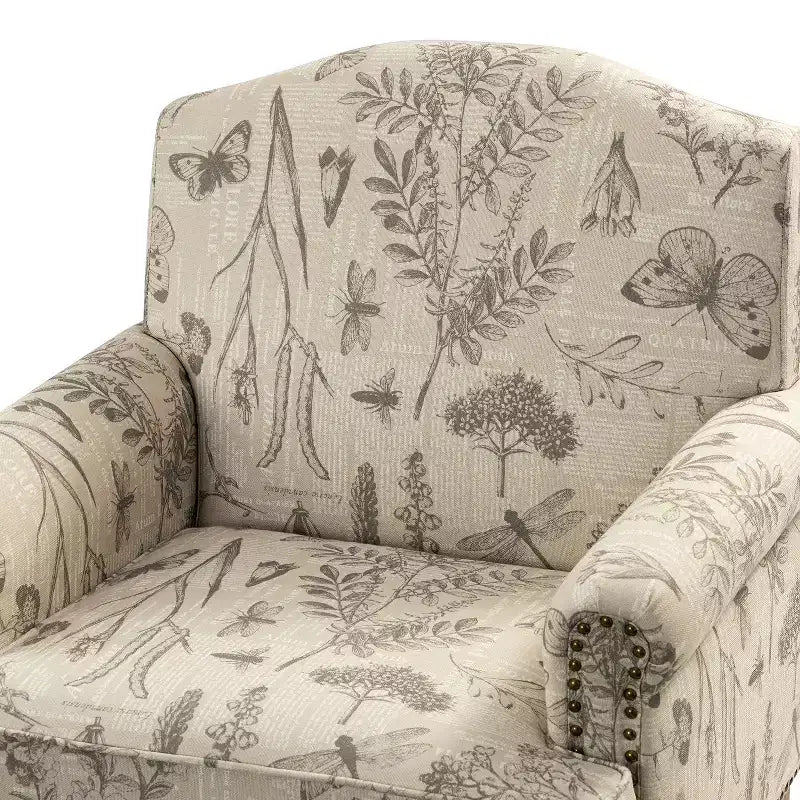 Yahweh Fauteuil transitoire en bois et tissu avec motif floral, accoudoirs à panneaux et dossier chameau | ART OF LIVING DESIGNS