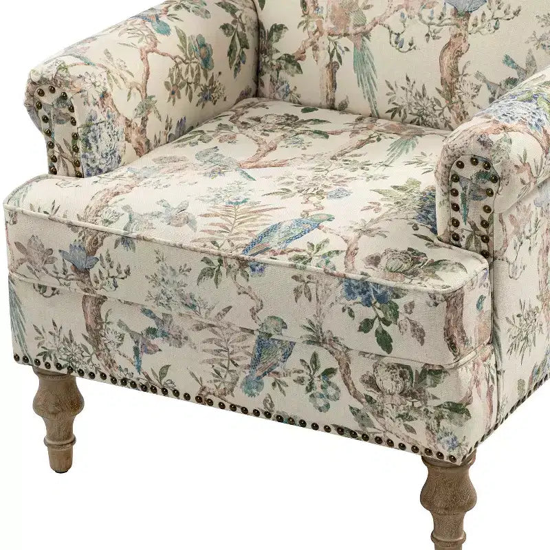 Yahweh Fauteuil transitoire en bois et tissu avec motif floral, accoudoirs à panneaux et dossier chameau | ART OF LIVING DESIGNS