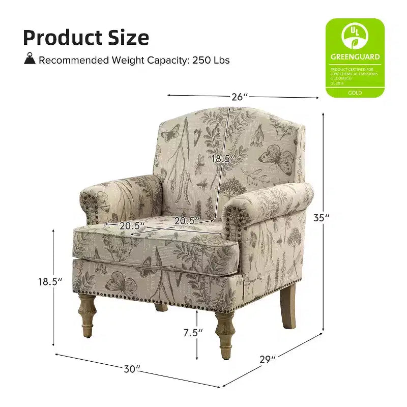 Yahweh Fauteuil transitoire en bois et tissu avec motif floral, accoudoirs à panneaux et dossier chameau | ART OF LIVING DESIGNS
