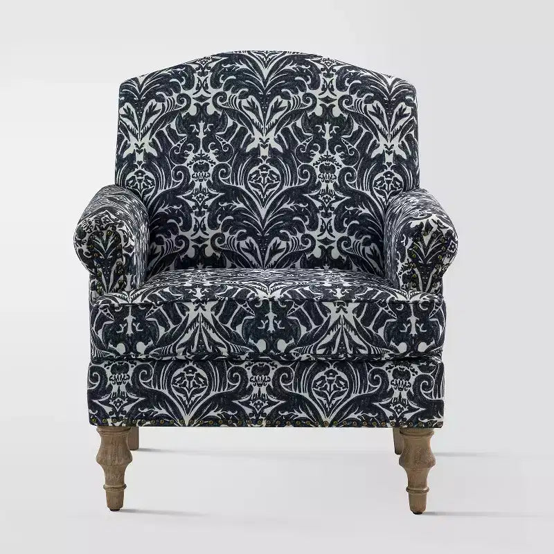 Yahweh Fauteuil transitoire en bois et tissu avec motif floral, accoudoirs à panneaux et dossier chameau | ART OF LIVING DESIGNS