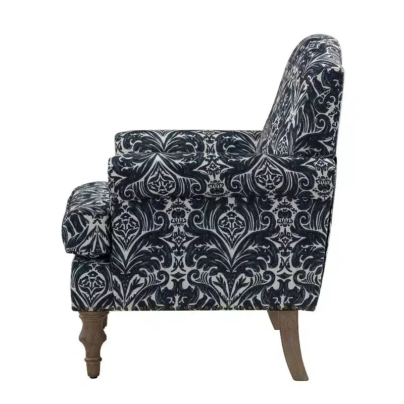 Yahweh Fauteuil transitoire en bois et tissu avec motif floral, accoudoirs à panneaux et dossier chameau | ART OF LIVING DESIGNS
