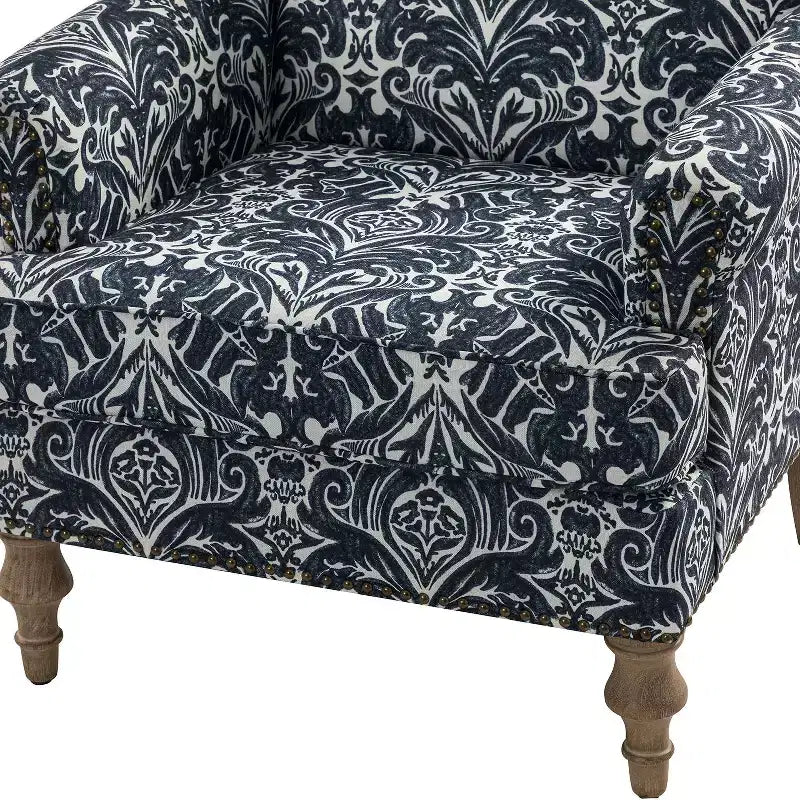 Yahweh Fauteuil transitoire en bois et tissu avec motif floral, accoudoirs à panneaux et dossier chameau | ART OF LIVING DESIGNS