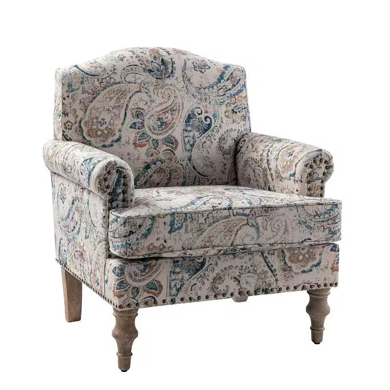 Yahweh Fauteuil transitoire en bois et tissu avec motif floral, accoudoirs à panneaux et dossier chameau | ART OF LIVING DESIGNS