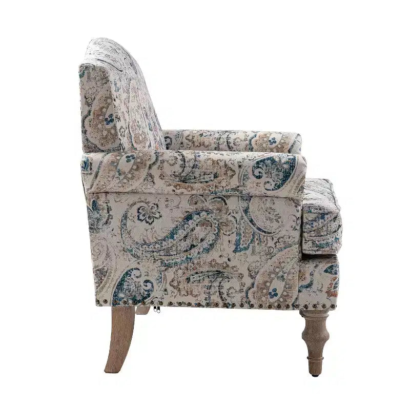 Yahweh Fauteuil transitoire en bois et tissu avec motif floral, accoudoirs à panneaux et dossier chameau | ART OF LIVING DESIGNS