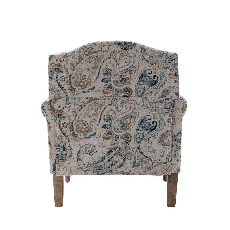 Yahweh Fauteuil transitoire en bois et tissu avec motif floral, accoudoirs à panneaux et dossier chameau | ART OF LIVING DESIGNS