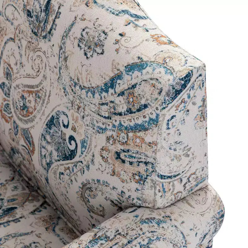 Yahweh Fauteuil transitoire en bois et tissu avec motif floral, accoudoirs à panneaux et dossier chameau | ART OF LIVING DESIGNS
