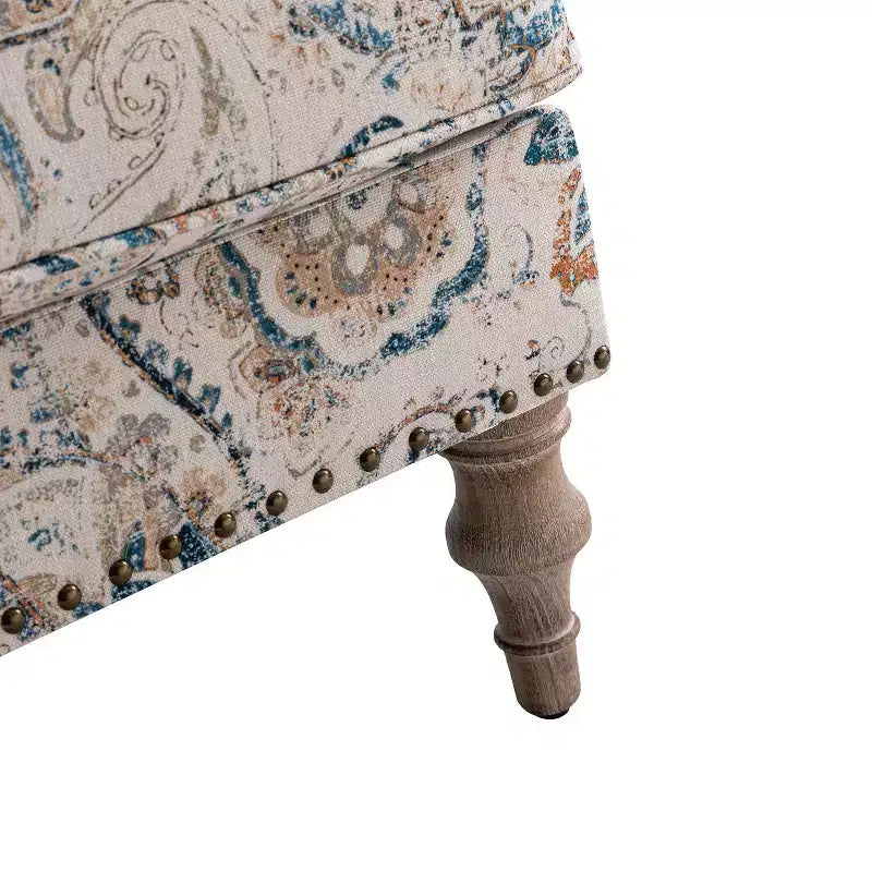 Yahweh Fauteuil transitoire en bois et tissu avec motif floral, accoudoirs à panneaux et dossier chameau | ART OF LIVING DESIGNS