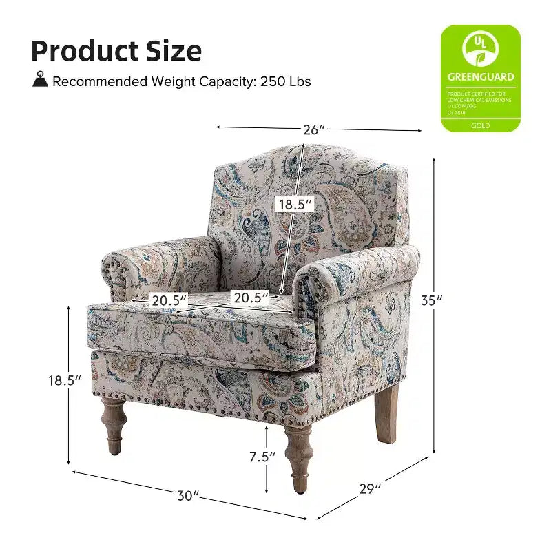 Yahweh Fauteuil transitoire en bois et tissu avec motif floral, accoudoirs à panneaux et dossier chameau | ART OF LIVING DESIGNS