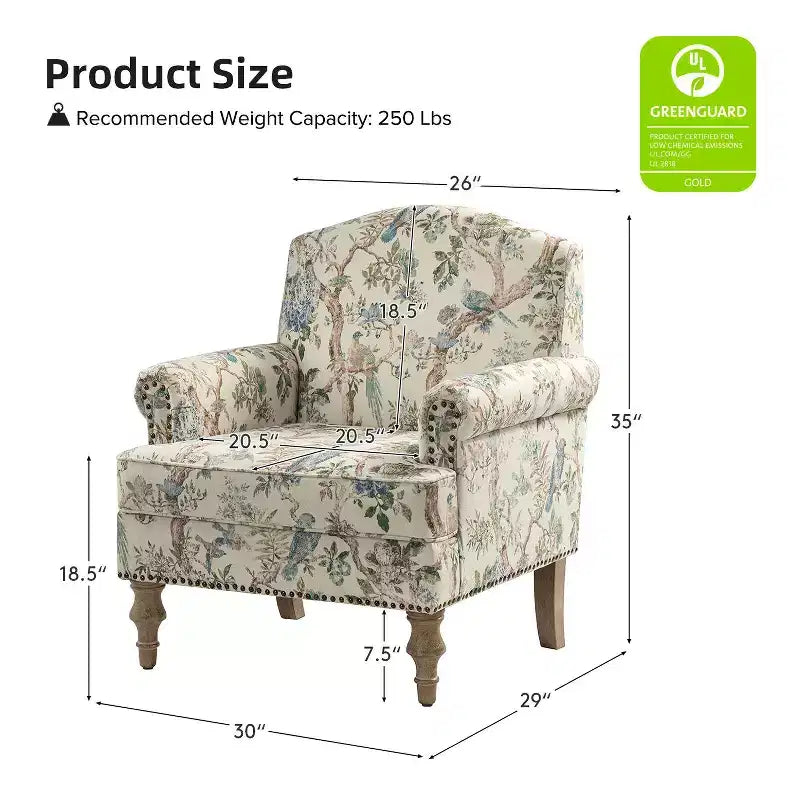 Yahweh Fauteuil transitoire en bois et tissu avec motif floral, accoudoirs à panneaux et dossier chameau | ART OF LIVING DESIGNS