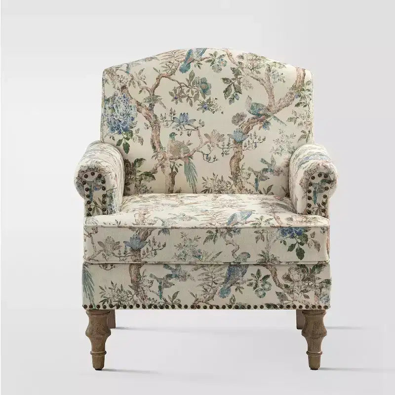 Yahweh Fauteuil transitoire en bois et tissu avec motif floral, accoudoirs à panneaux et dossier chameau | ART OF LIVING DESIGNS