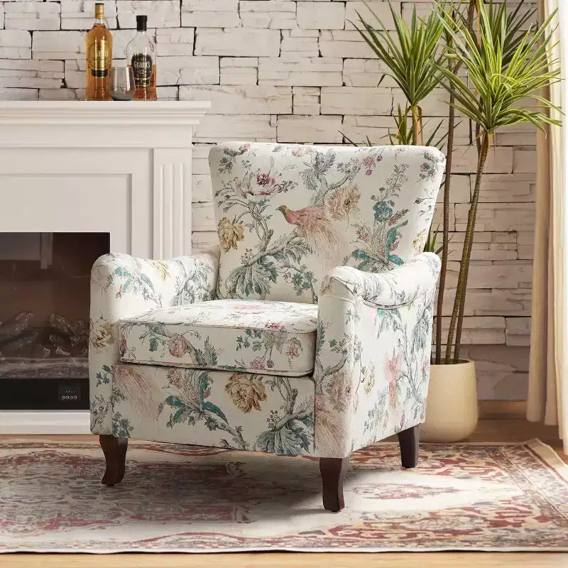 Vincent Wooden Upholstered Armchair with Fabric Pattern and Wingback Design for Bedroom| ART OF LIVING DESIGNS
