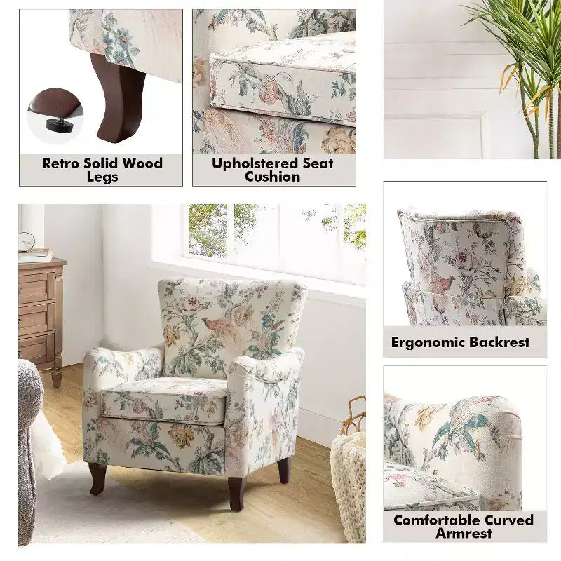 Vincent Wooden Upholstered Armchair with Fabric Pattern and Wingback Design for Bedroom| ART OF LIVING DESIGNS