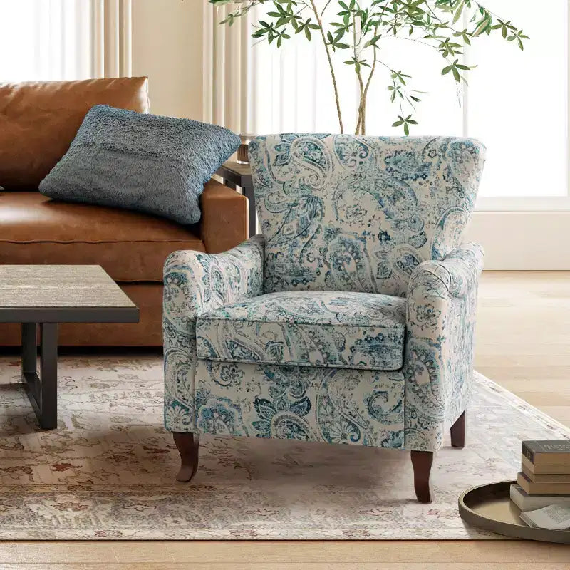 Vincent Wooden Upholstered Armchair with Fabric Pattern and Wingback Design for Bedroom| ART OF LIVING DESIGNS