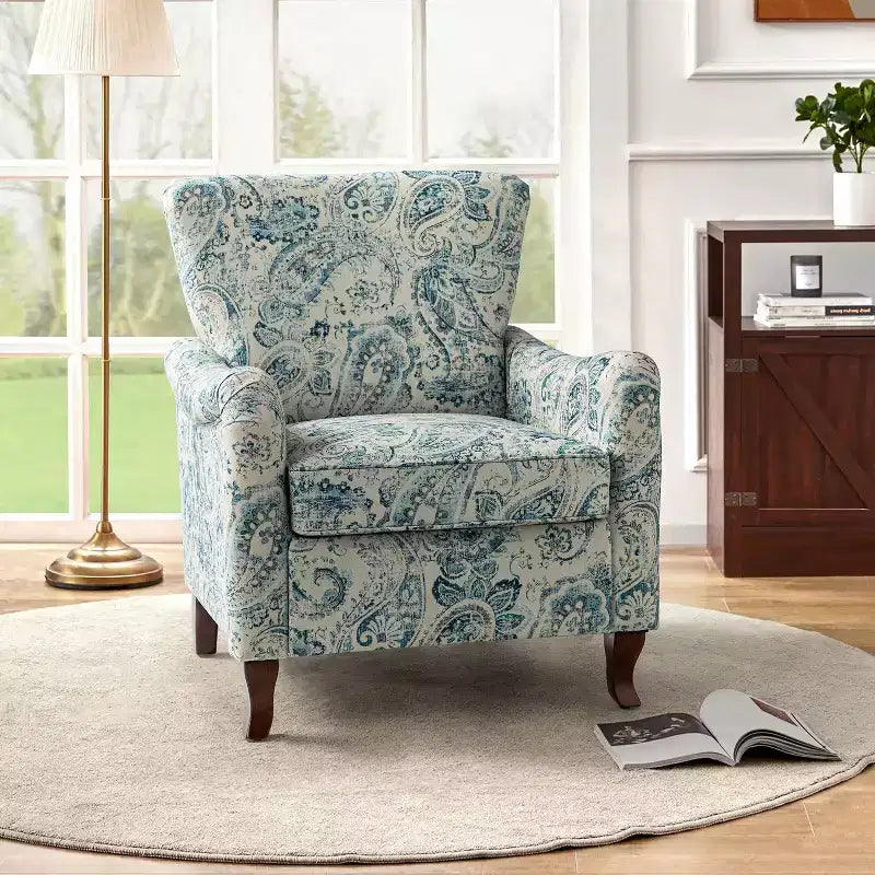 Vincent Wooden Upholstered Armchair with Fabric Pattern and Wingback Design for Bedroom| ART OF LIVING DESIGNS