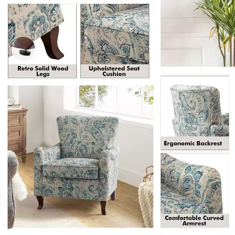Vincent Wooden Upholstered Armchair with Fabric Pattern and Wingback Design for Bedroom| ART OF LIVING DESIGNS