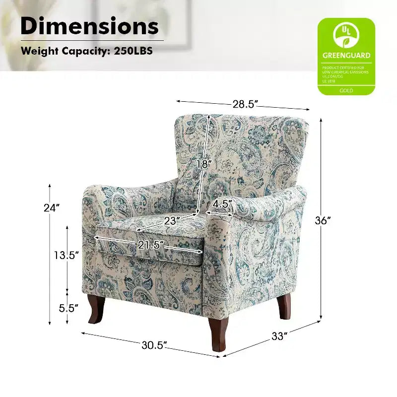 Vincent Wooden Upholstered Armchair with Fabric Pattern and Wingback Design for Bedroom| ART OF LIVING DESIGNS