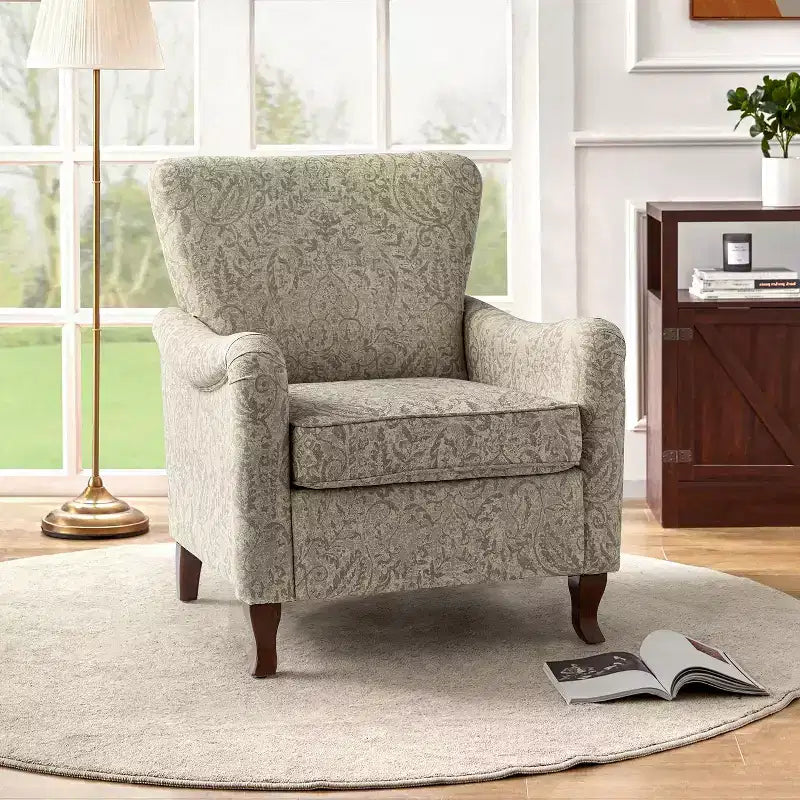 Vincent Wooden Upholstered Armchair with Fabric Pattern and Wingback Design for Bedroom| ART OF LIVING DESIGNS