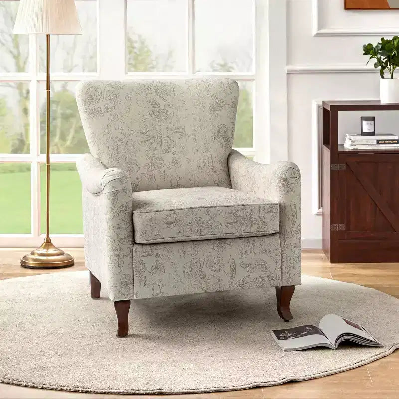 Vincent Wooden Upholstered Armchair with Fabric Pattern and Wingback Design for Bedroom| ART OF LIVING DESIGNS