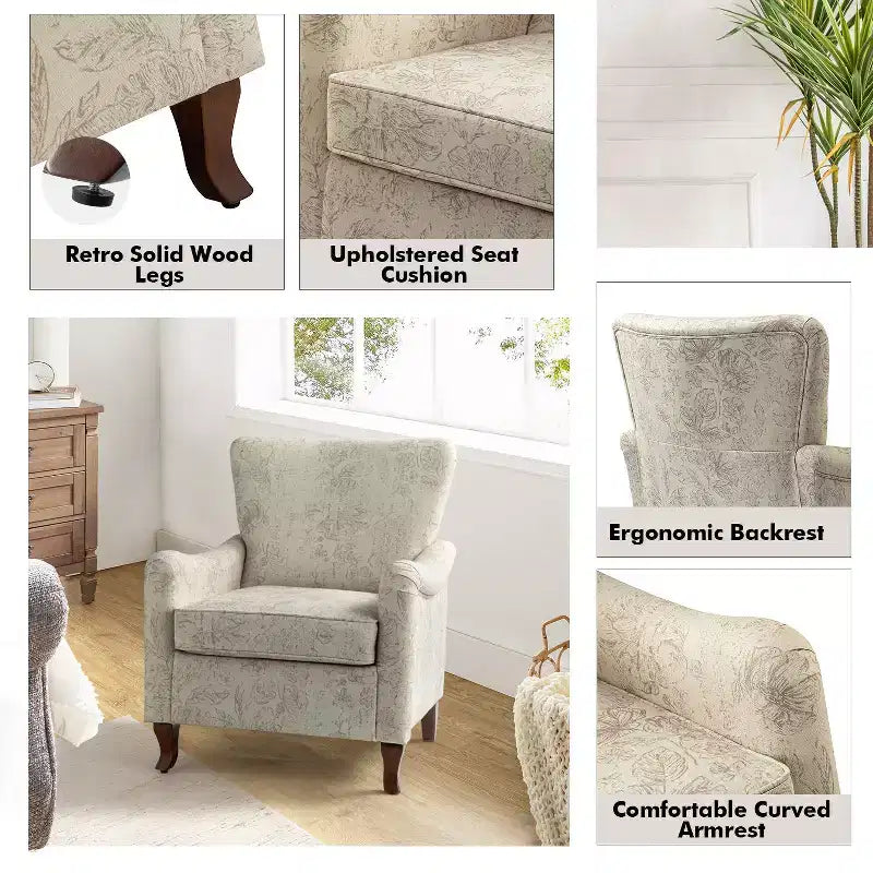 Vincent Wooden Upholstered Armchair with Fabric Pattern and Wingback Design for Bedroom| ART OF LIVING DESIGNS