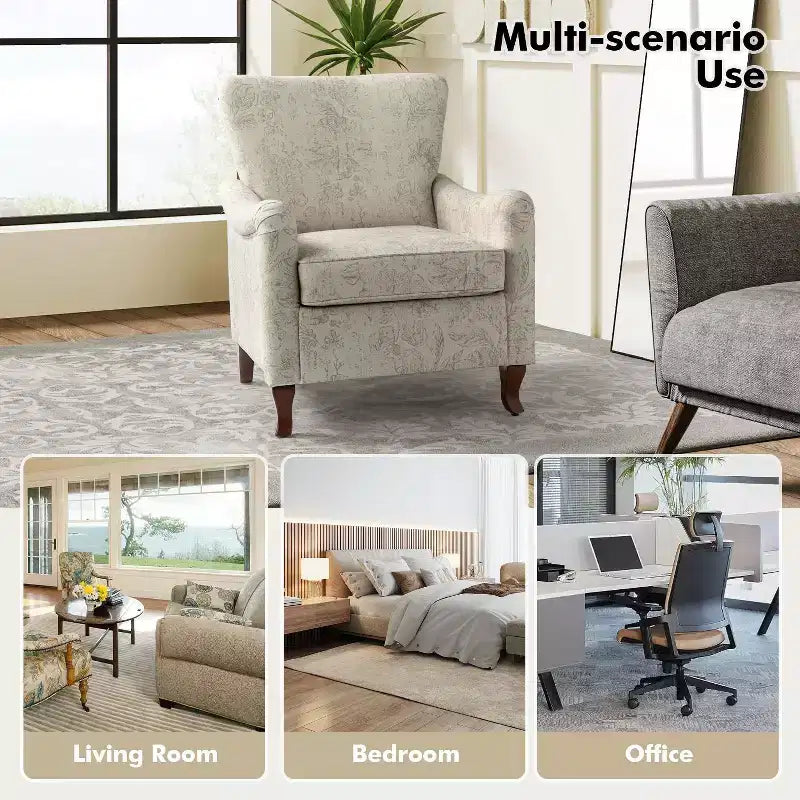 Vincent Wooden Upholstered Armchair with Fabric Pattern and Wingback Design for Bedroom| ART OF LIVING DESIGNS