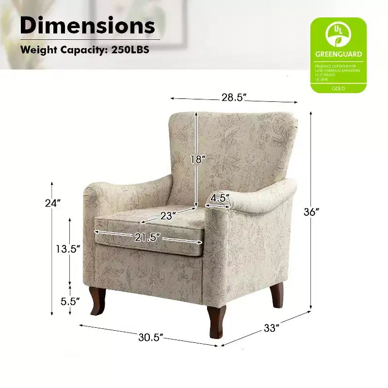 Vincent Wooden Upholstered Armchair with Fabric Pattern and Wingback Design for Bedroom| ART OF LIVING DESIGNS
