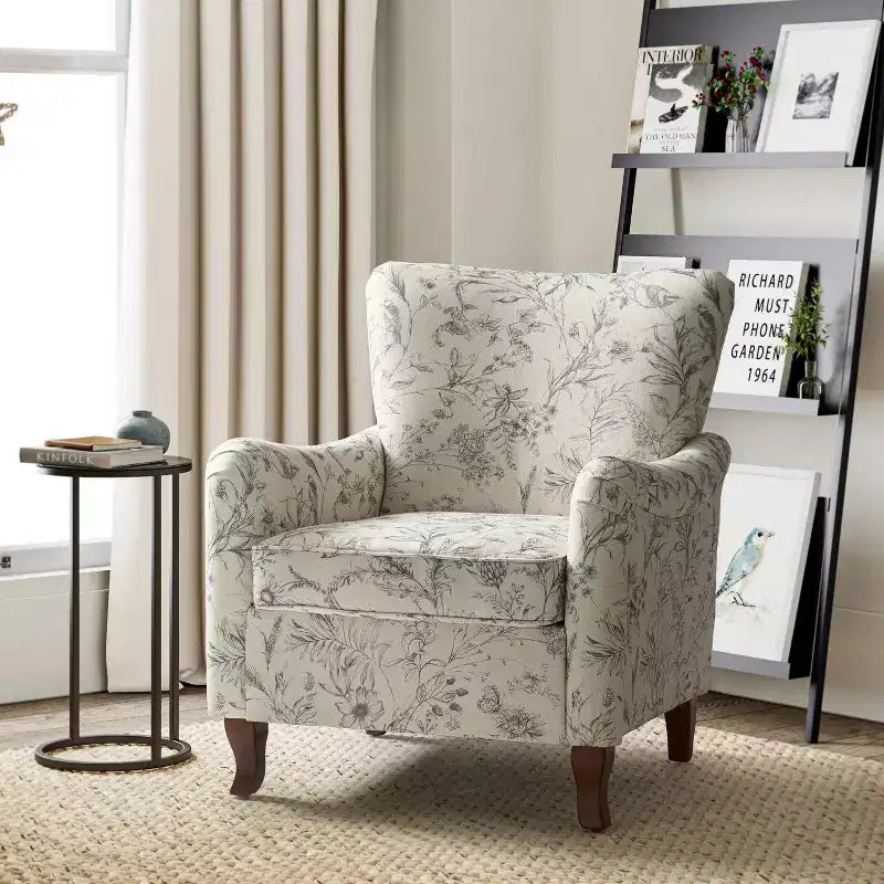 Vincent Wooden Upholstered Armchair with Fabric Pattern and Wingback Design for Bedroom| ART OF LIVING DESIGNS