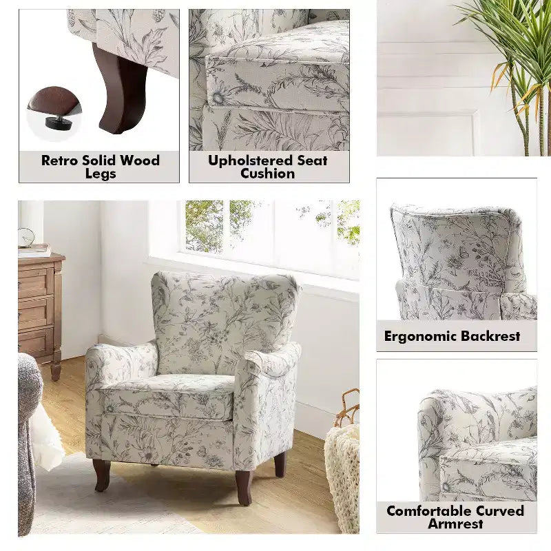 Vincent Wooden Upholstered Armchair with Fabric Pattern and Wingback Design for Bedroom| ART OF LIVING DESIGNS