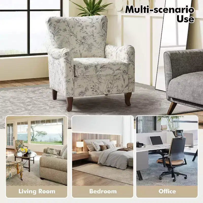 Vincent Wooden Upholstered Armchair with Fabric Pattern and Wingback Design for Bedroom| ART OF LIVING DESIGNS
