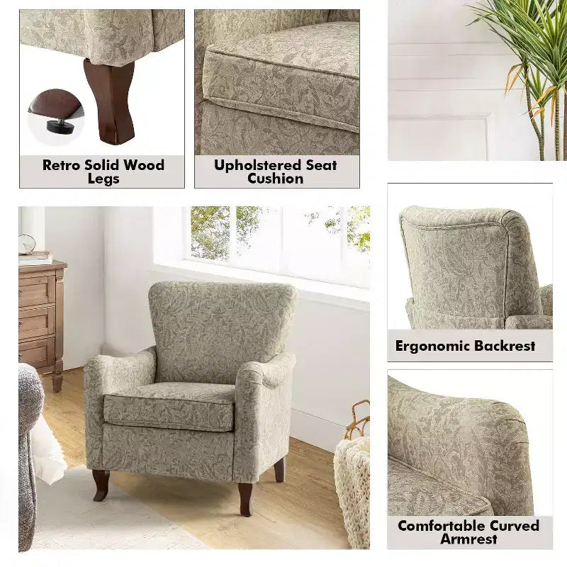 Vincent Wooden Upholstered Armchair with Fabric Pattern and Wingback Design for Bedroom| ART OF LIVING DESIGNS