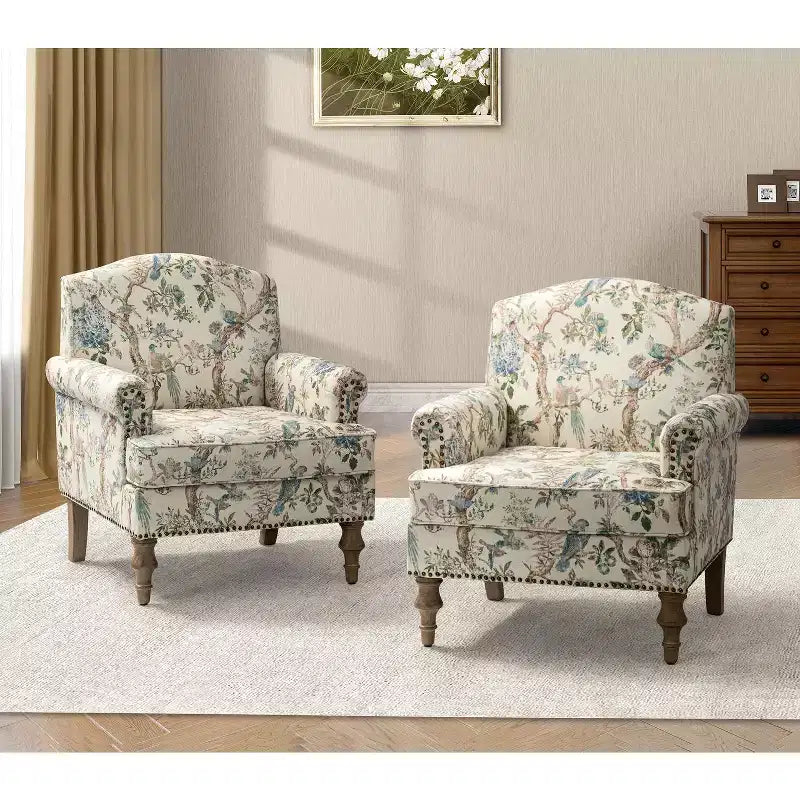 Lot de 2 fauteuils rembourrés transitionnels en bois Yahweh avec accoudoirs à panneaux et dossier chameau pour chambre à coucher | ART OF LIVING DESIGNS