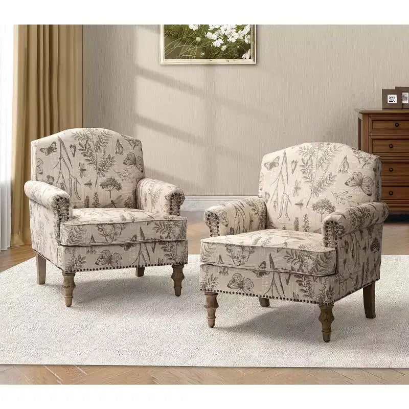 Lot de 2 fauteuils rembourrés transitionnels en bois Yahweh avec accoudoirs à panneaux et dossier chameau pour chambre à coucher | ART OF LIVING DESIGNS