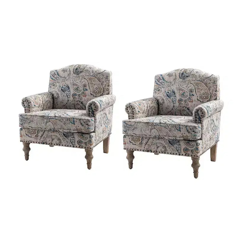 Lot de 2 fauteuils rembourrés transitionnels en bois Yahweh avec accoudoirs à panneaux et dossier chameau pour chambre à coucher | ART OF LIVING DESIGNS