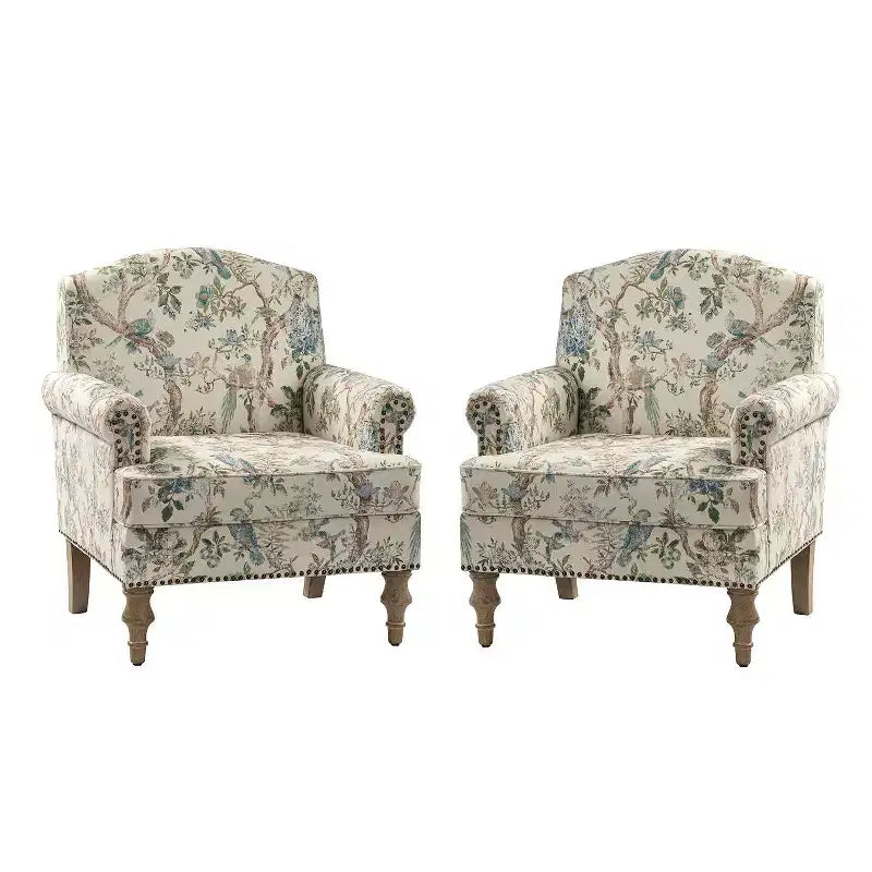 Lot de 2 fauteuils rembourrés transitionnels en bois Yahweh avec accoudoirs à panneaux et dossier chameau pour chambre à coucher | ART OF LIVING DESIGNS