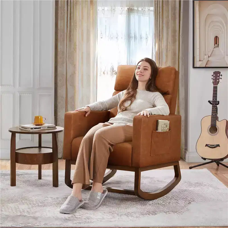 Yaheetech Faux Leather Upholstered Rocking Chair with Rubberwood Legs Brown