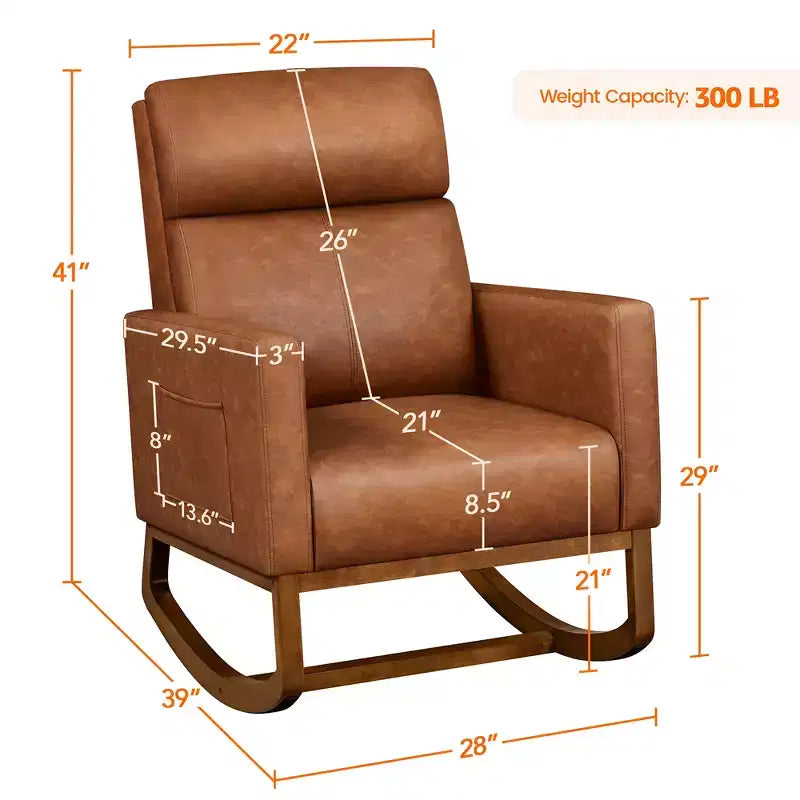 Yaheetech Faux Leather Upholstered Rocking Chair with Rubberwood Legs Brown
